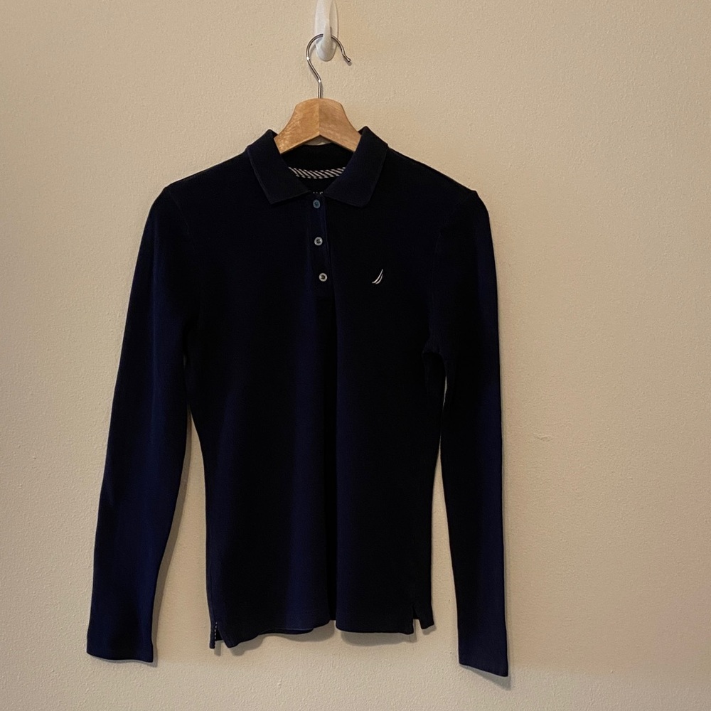 Navy Long Sleeve Nautical Polo Shirt